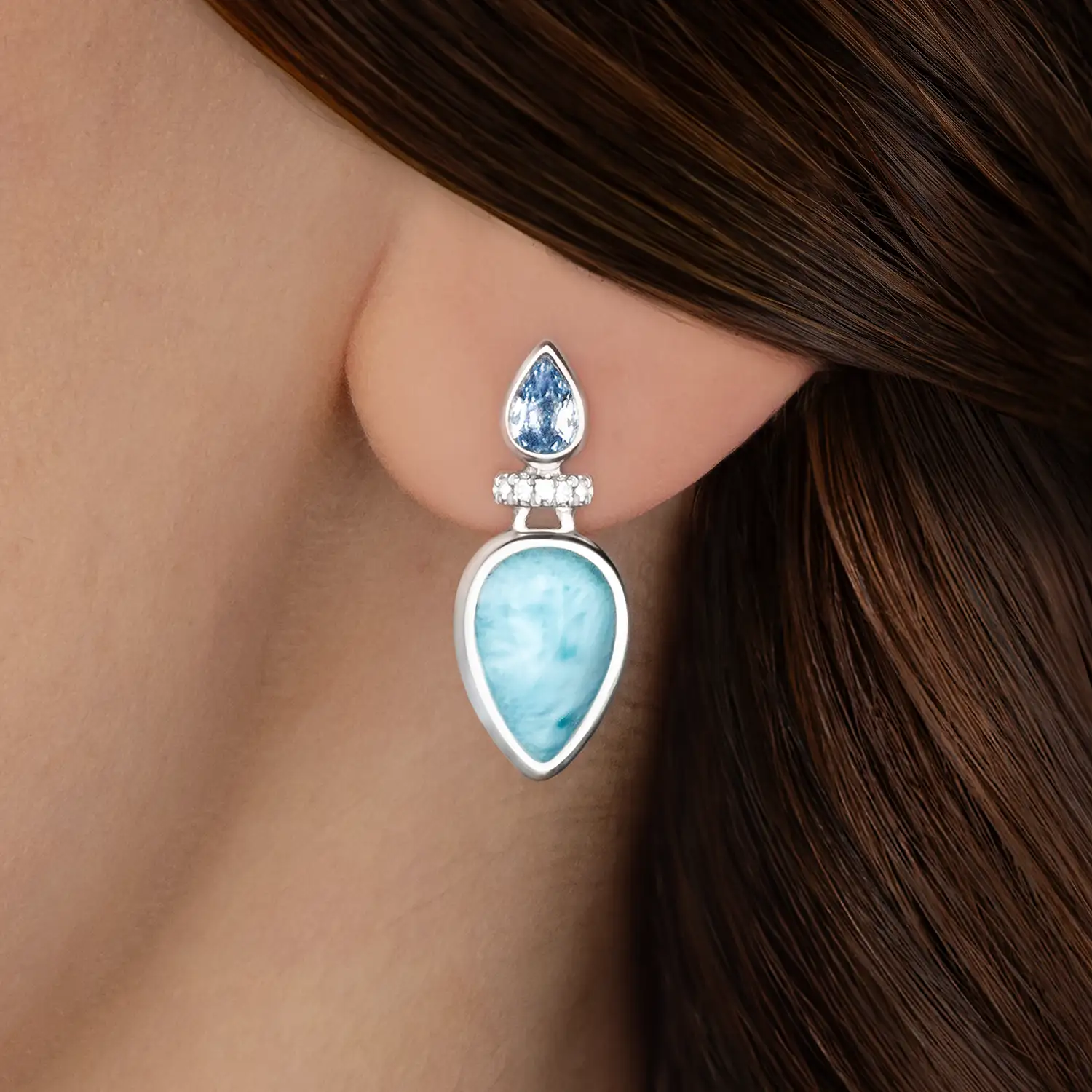 Esme Earrings in sterling silver with Larimar and blue spinel