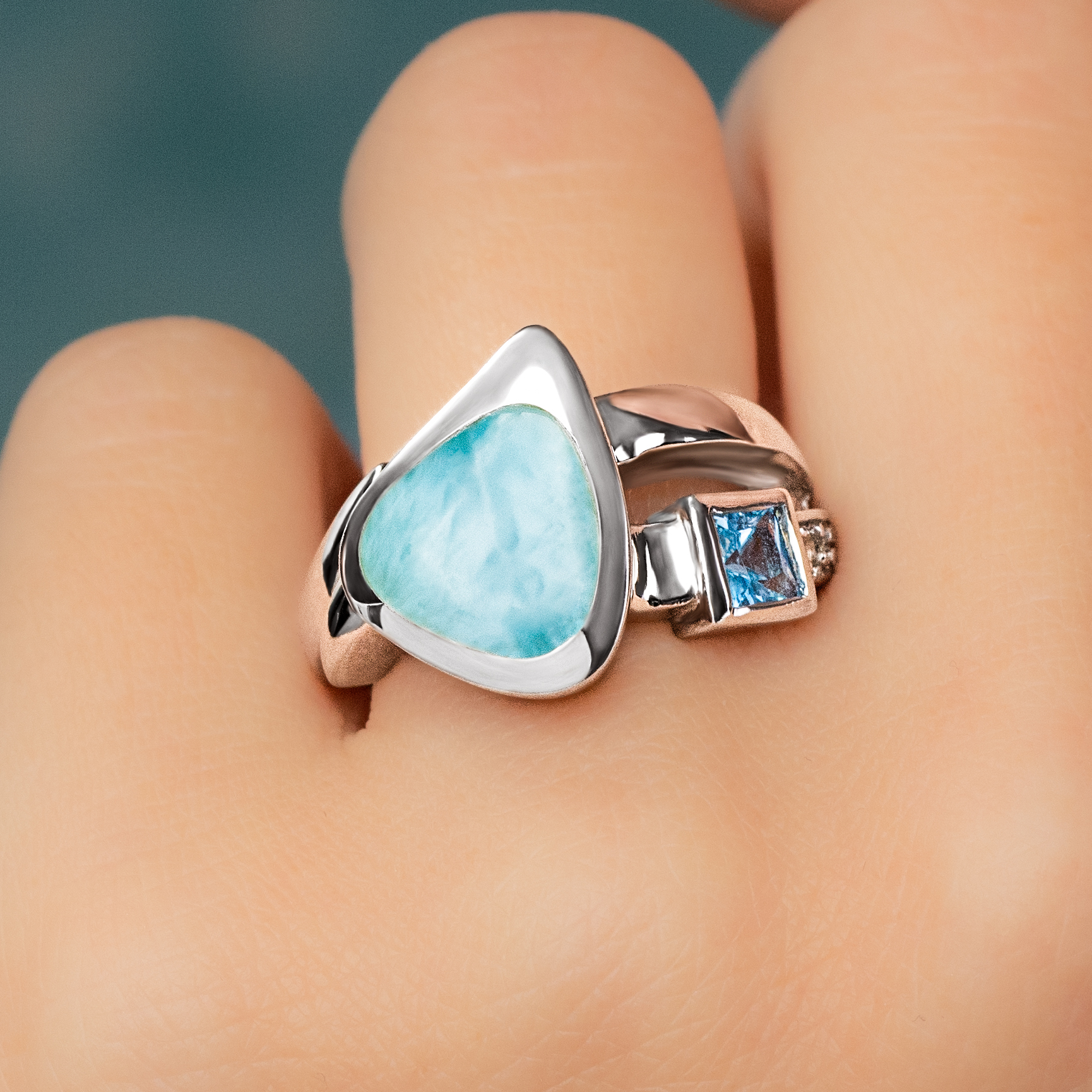 Designer deals sterling silver blue larimar & white topaz halo ring size 10