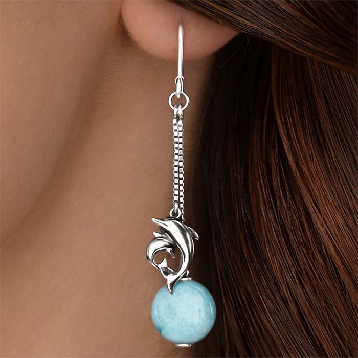 Dolphin Dangle Larimar Earrings Sterling Silver