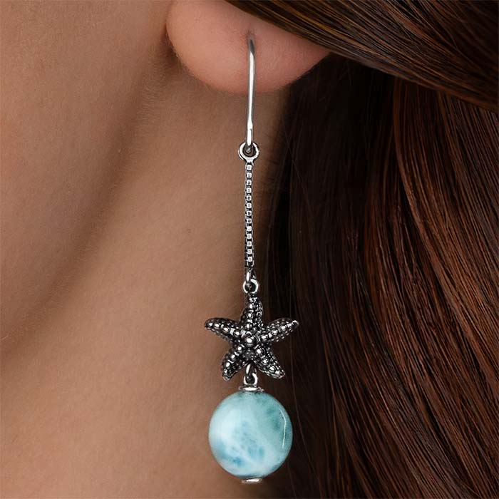 Starfish Dangle  Larimar Earrings in sterling silver by Marahlago