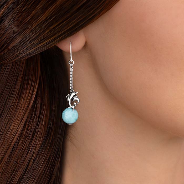 Dolphin Dangle Larimar Earrings Sterling Silver