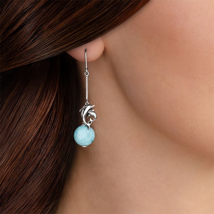 Dolphin Dangle Larimar Earrings Sterling Silver