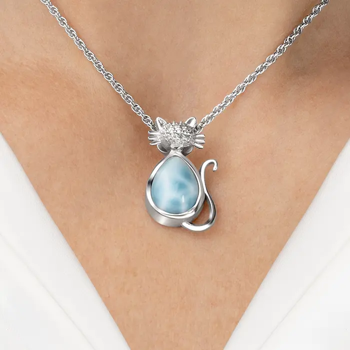 Cat Necklace with sapphires and larimar