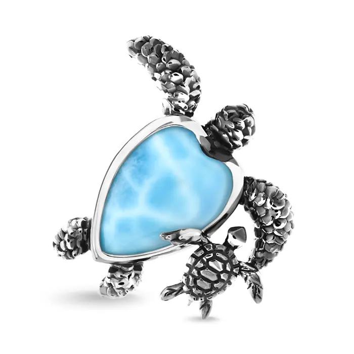 Turtle Charm Pendant in sterling silver with natural larimar gemstones