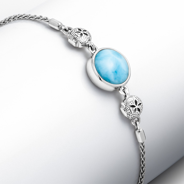 Sand Dollar Bracelet with silver and larimar Adjustable Bolo Bracelet by Marahlago 