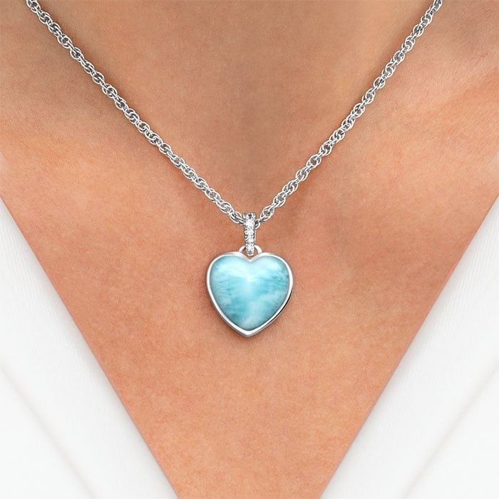 Heart shaped Necklace in sterling Silver with larimar and white sapphires by Marahlago 