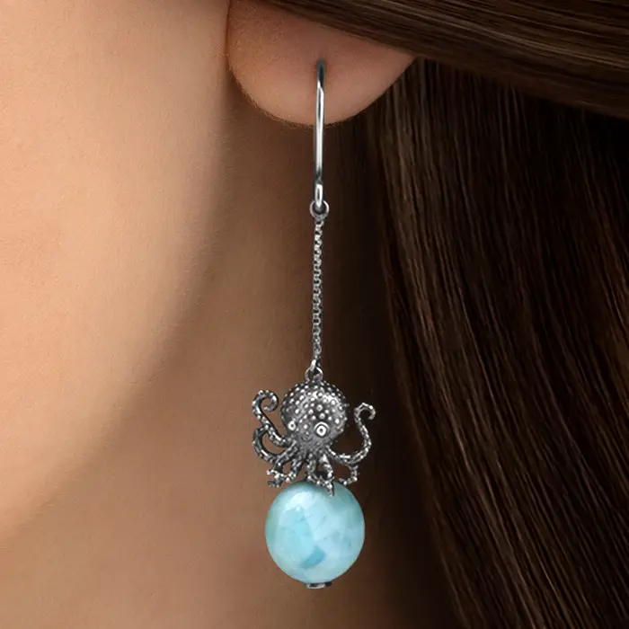 Octopus Dangle Earrings with larimar and silve