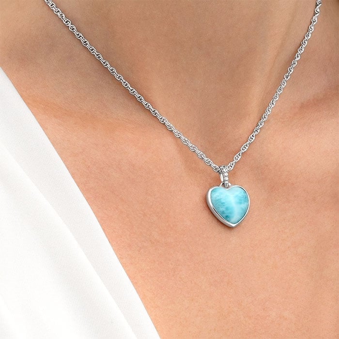 Heart shaped Necklace in sterling Silver with larimar and white sapphires by Marahlago 