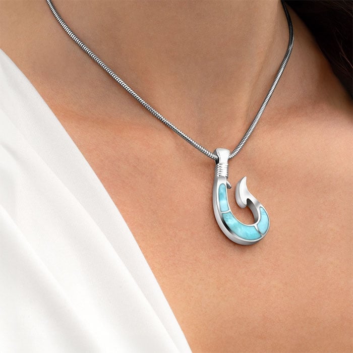 Fish Hook Necklace in sterling silver and larimar 