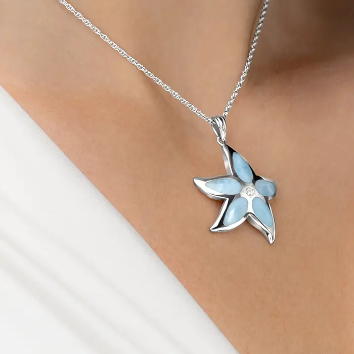 Starfish Necklace in sterling silver with blue stone