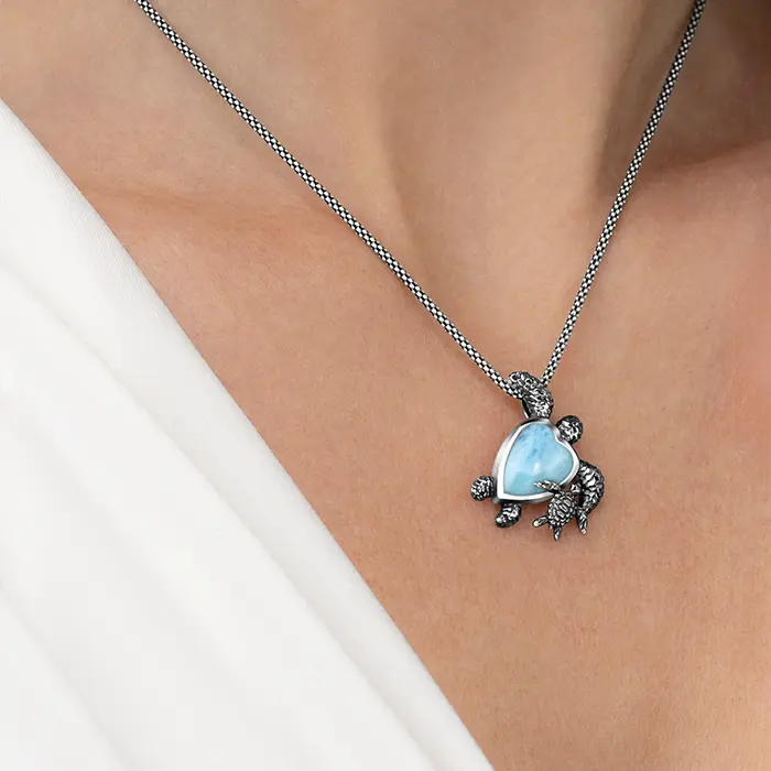 Turtle Charm with larimar and silver