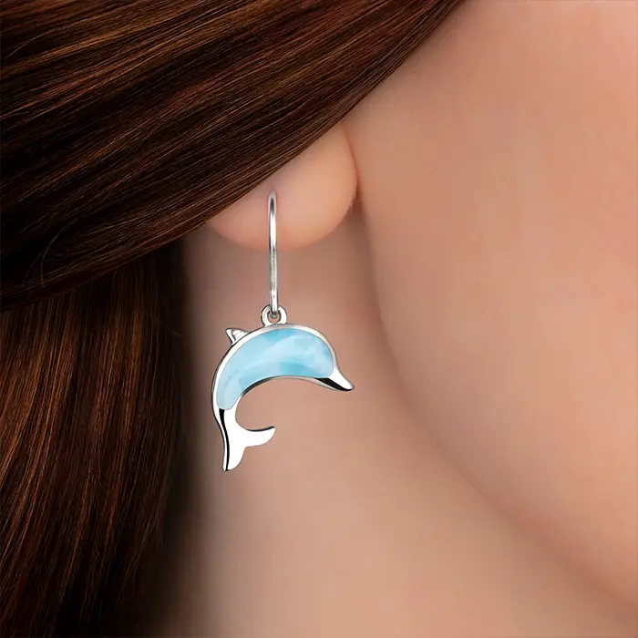 Dolphin Earrings set in sterling silver by Marahlago Larimar