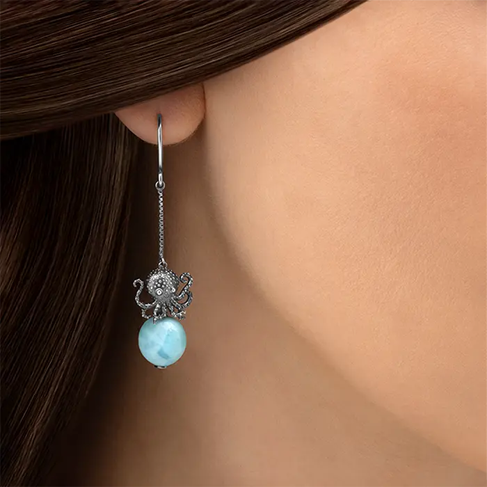 Octopus Dangle Earrings with larimar and silve