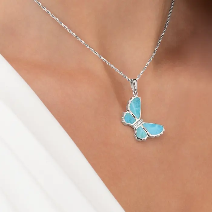 Silver Butterfly Necklace with larimar stones