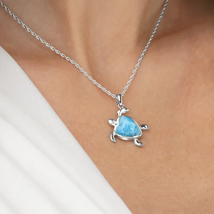 Turtle Heart Necklace in silver with larimar