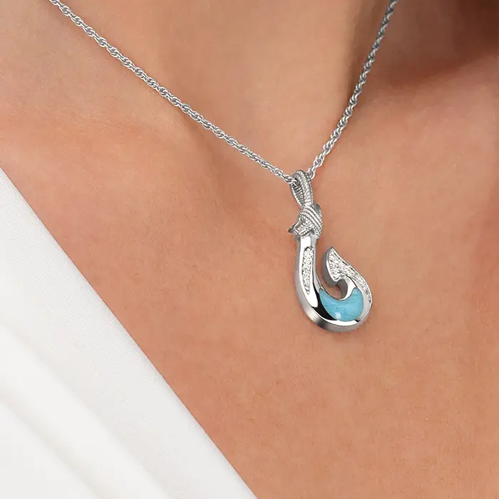 Fish Hook Pendant With White Sapphire in Sterling Silver