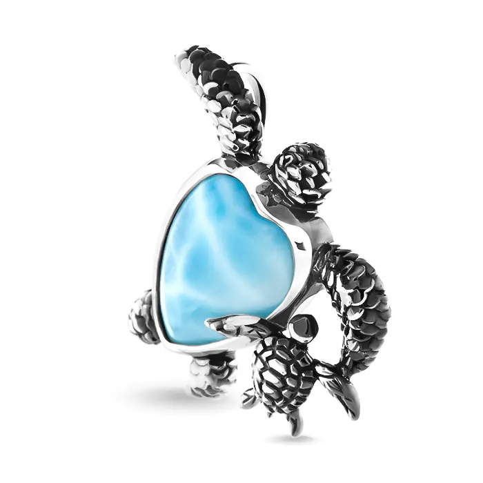 Turtle Charm Pendant in sterling silver with natural larimar gemstones