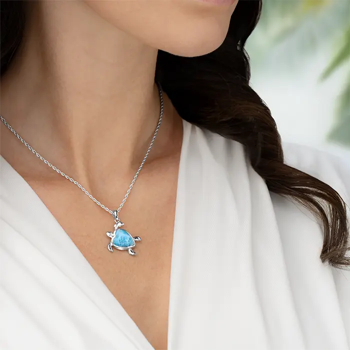 Turtle Heart Necklace in silver with larimar