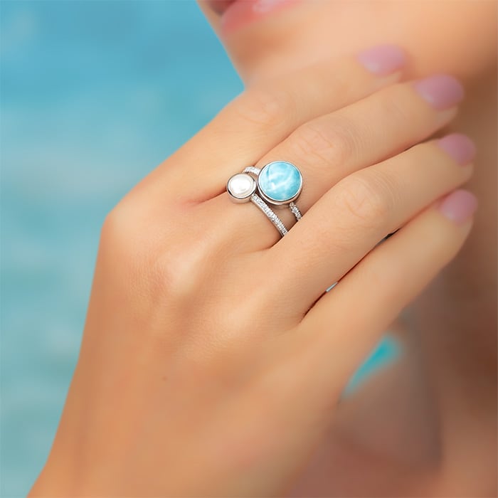 Serenade Ring with white sapphires and larimar by Marahlago