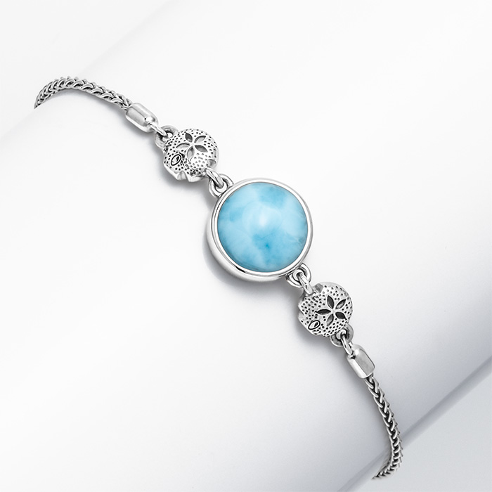 Sand Dollar Bracelet with silver and larimar Adjustable Bolo Bracelet by Marahlago 