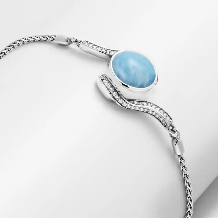 Silver Bolo Bracelet with larimar gemstones by marahlago jewelry