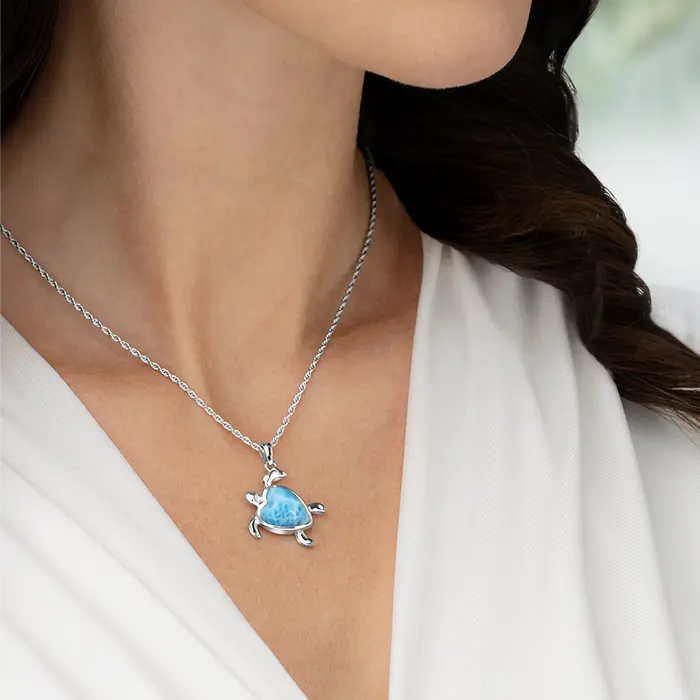 Turtle Heart Necklace in silver with larimar