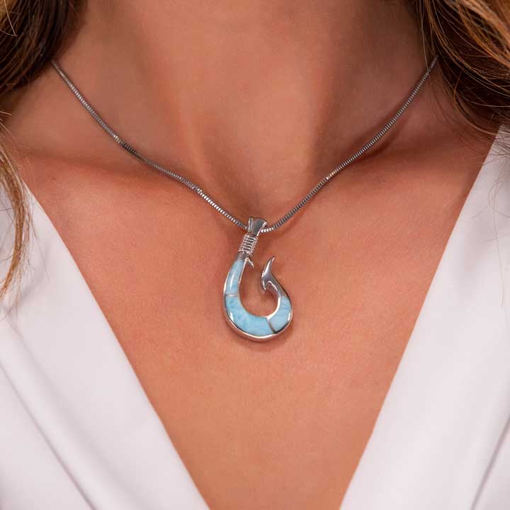 Fish Hook Necklace in sterling silver and larimar by Marahlago