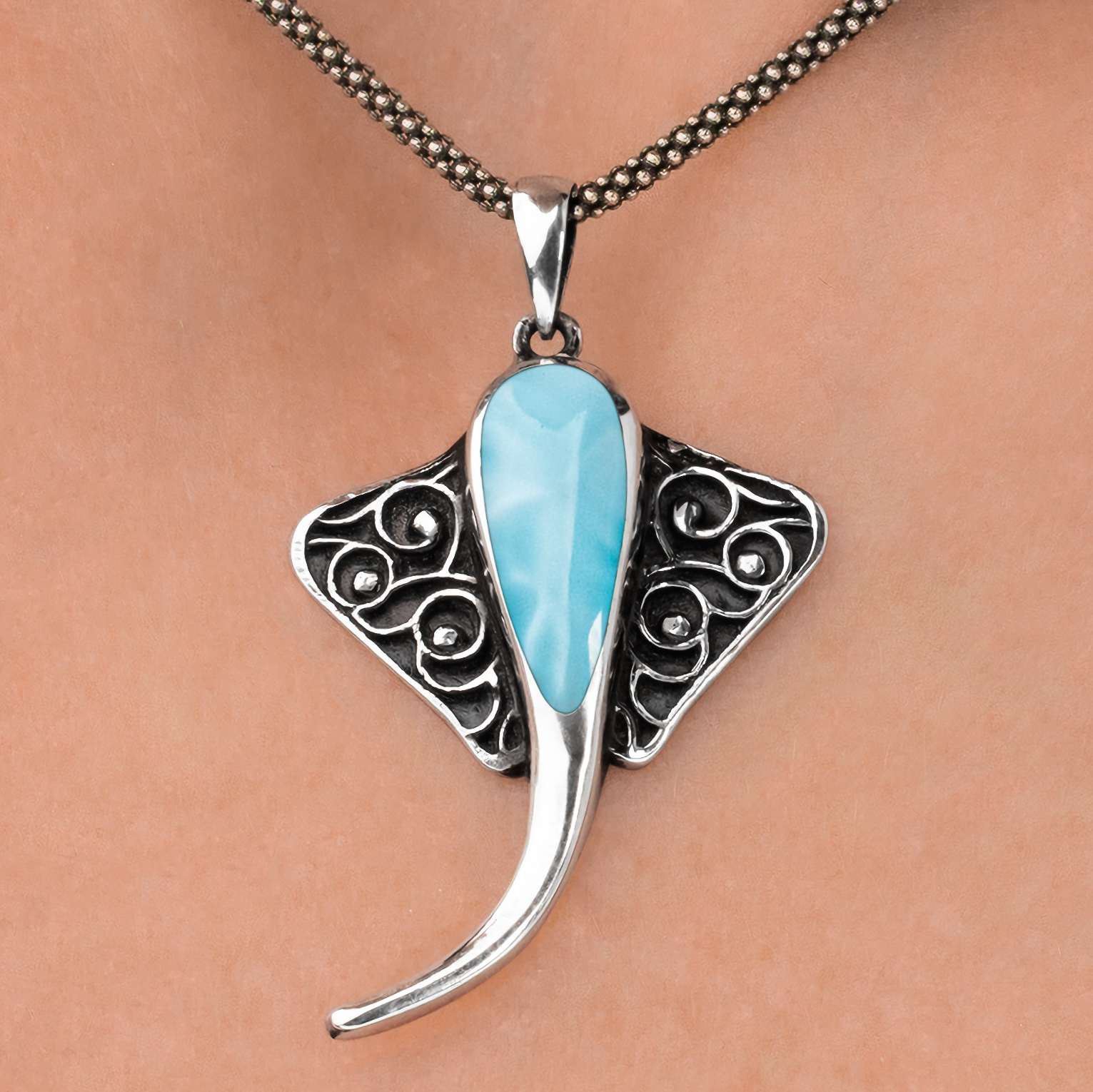 Fish Hook Necklace in sterling silver and larimar by Marahlago